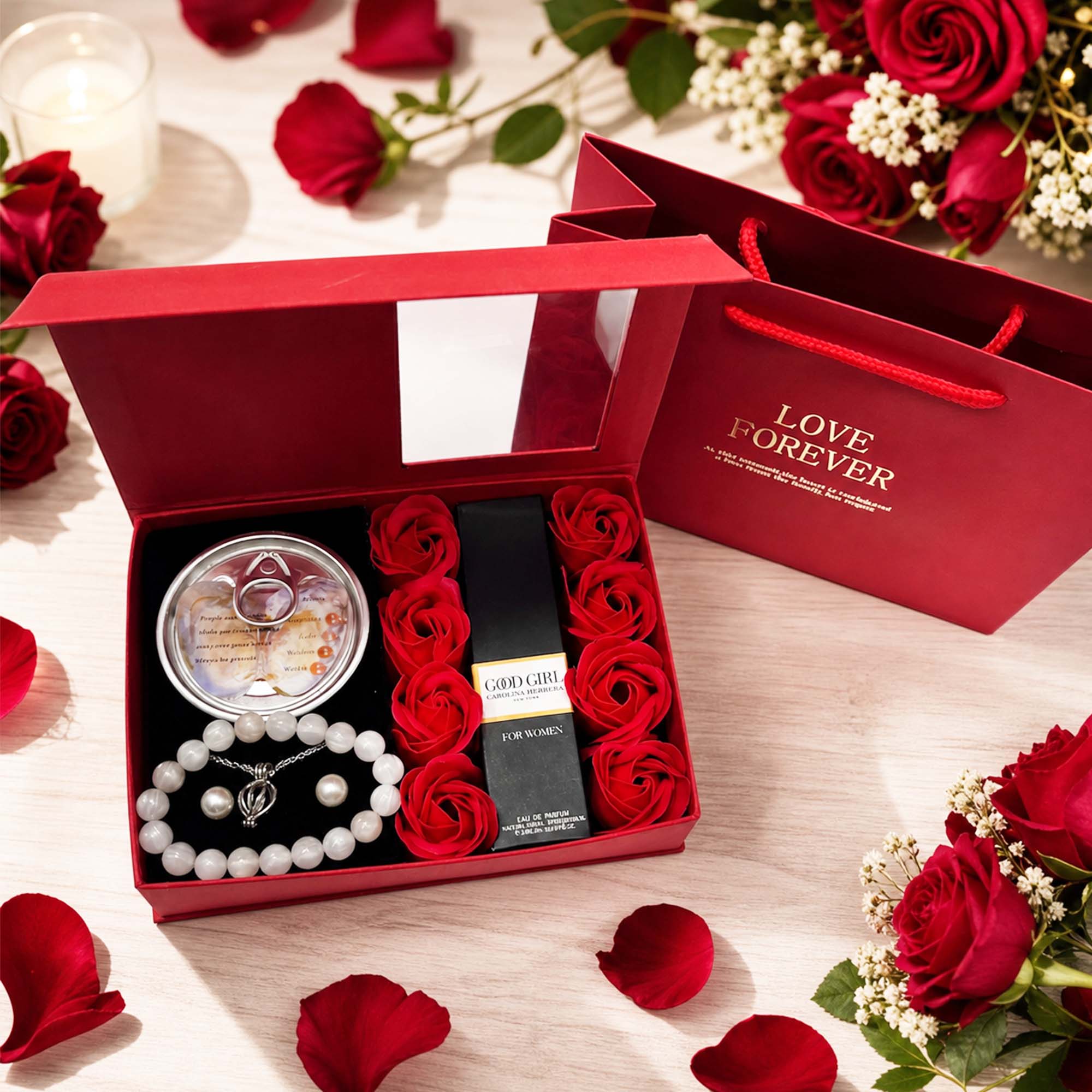ست هدیه مروارید عشق لوکس همراه عطر، دستبند خورشیدی و باکس گل معطر