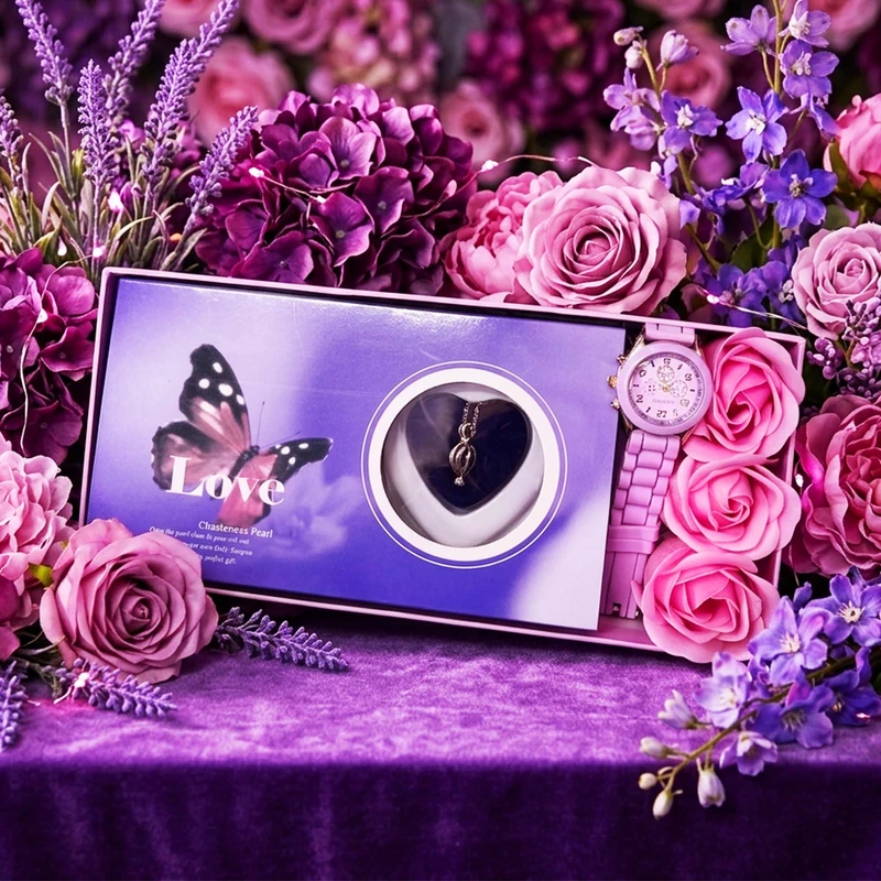 ست هدیه زنانه مدل مروارید داخل صدف همراه ساعت و باکس گل معطر کد 14