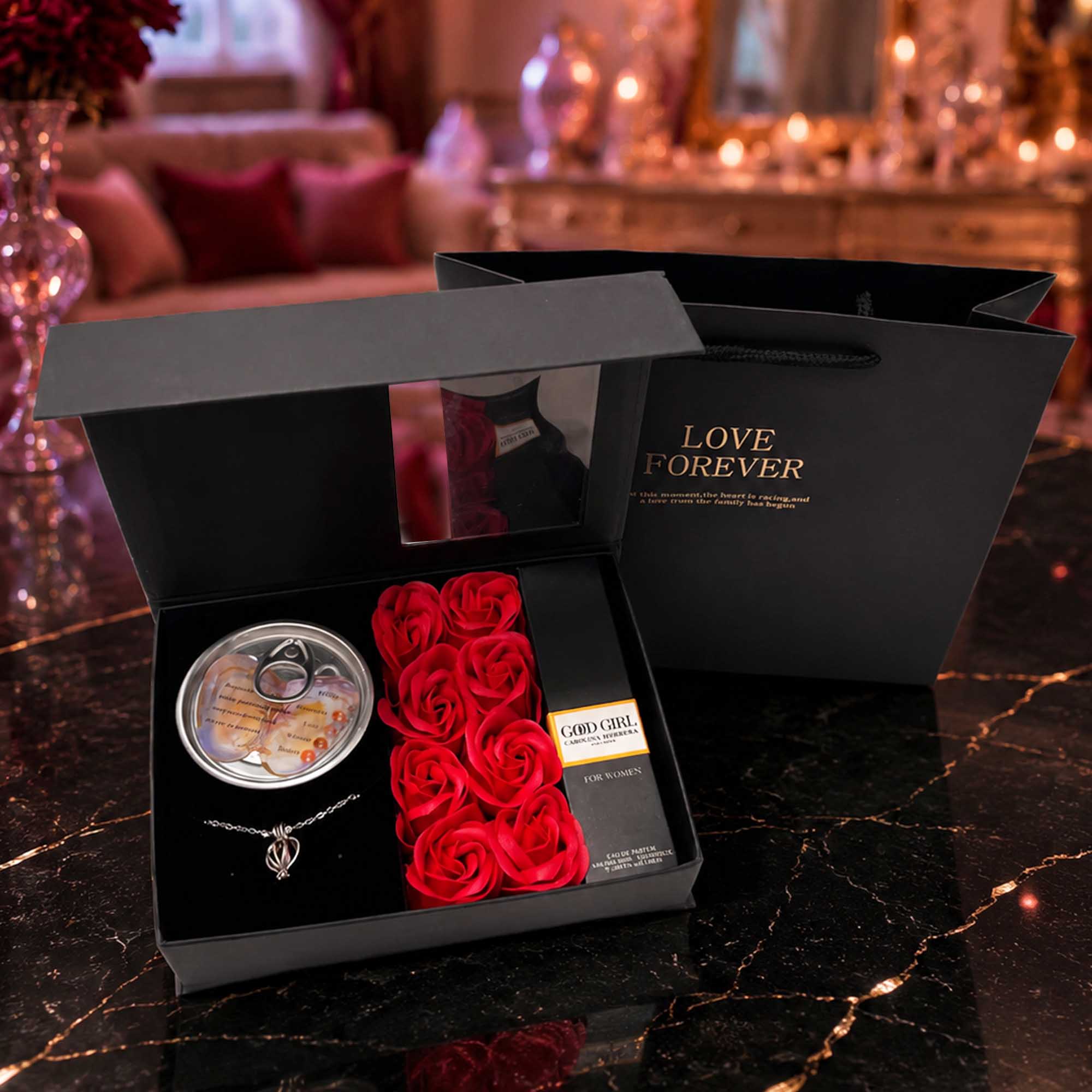 ست هدیه گردنبند مروارید عشق صدفی همراه عطر گود گرل و باکس گل